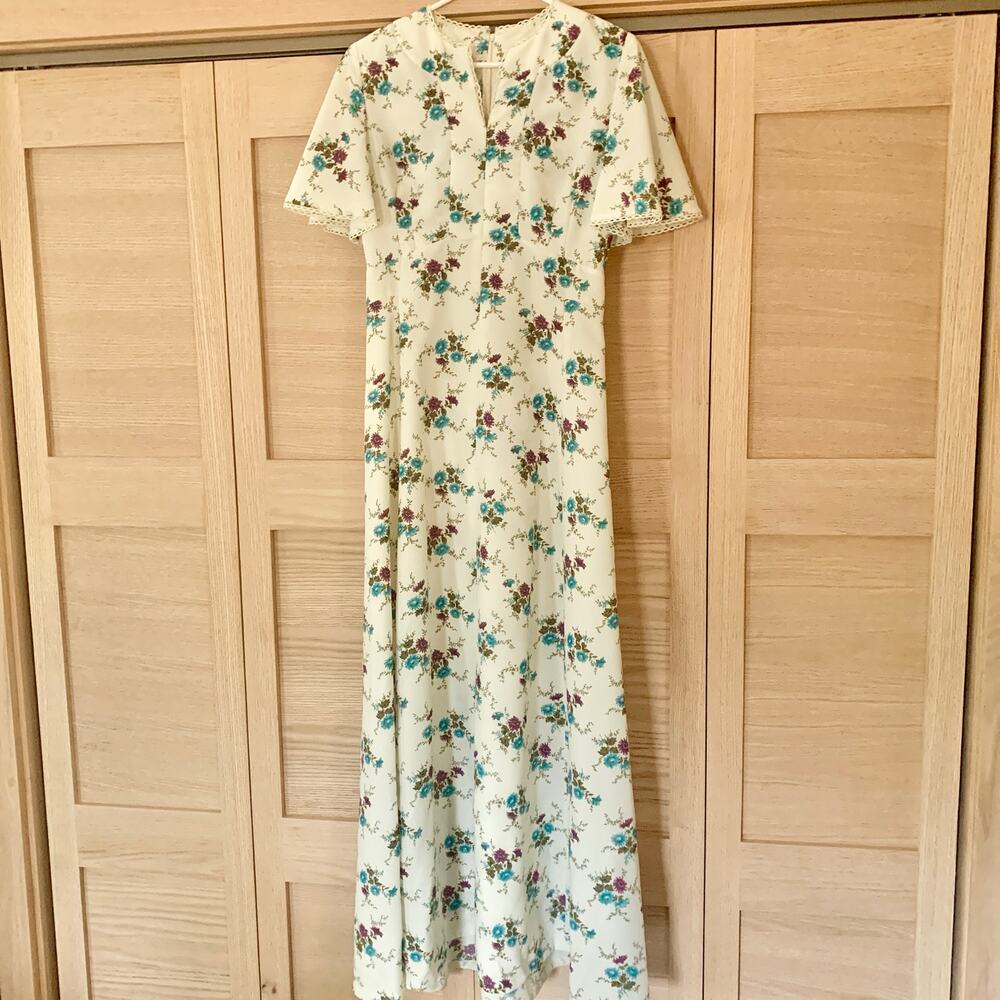 Vintage White Floral Print Maxi Dress 1960s Prairie Wedding Dress